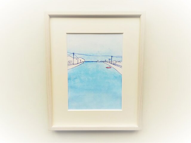 「午後の港」イラスト原画 ※額縁入りの画像1枚目