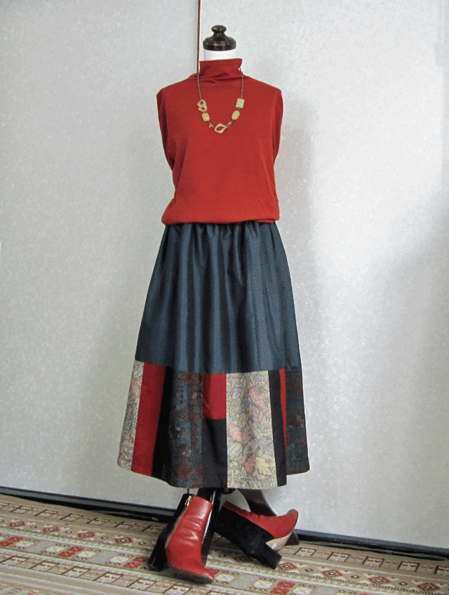 着物リメイク♪4種類の大島紬で裾パッチスカート（裏地付き）丈 