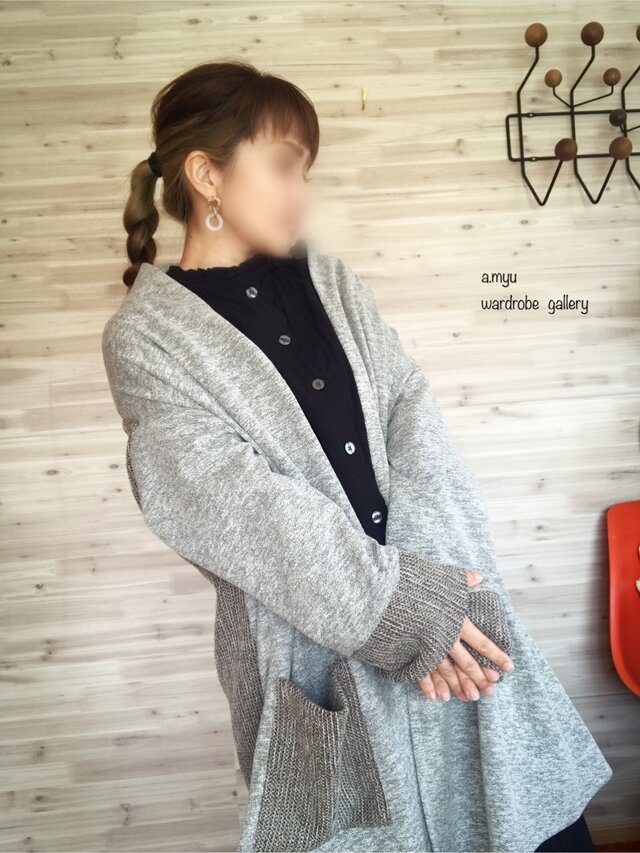 a.myu 秋✨ニットMIX伸縮性のあるストールカーディガン グレーの画像1枚目