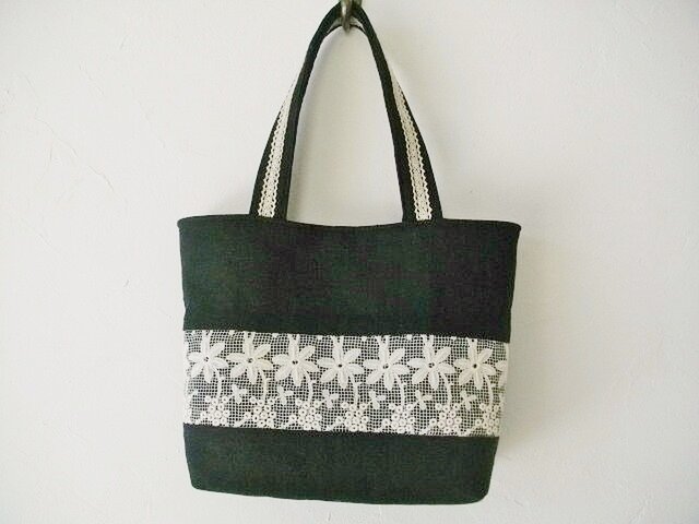 黒リネン*アンティークレース*トートバッグ | iichi 日々の