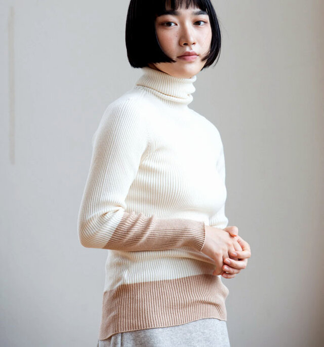 Organic Cotton無縫製バイカラーリブタートルセーター【Lサイズ】の画像1枚目