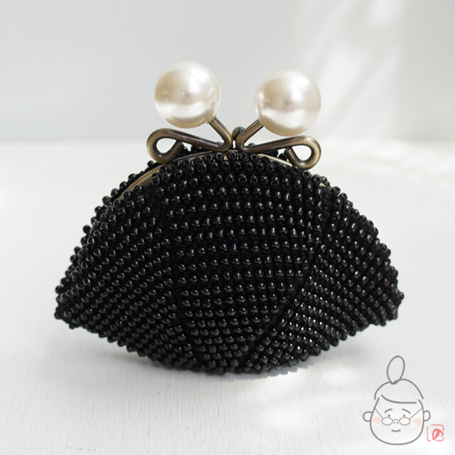 ばあば作☆総ガラスビーズの「大きめパール」がま口（漆黒・1286)