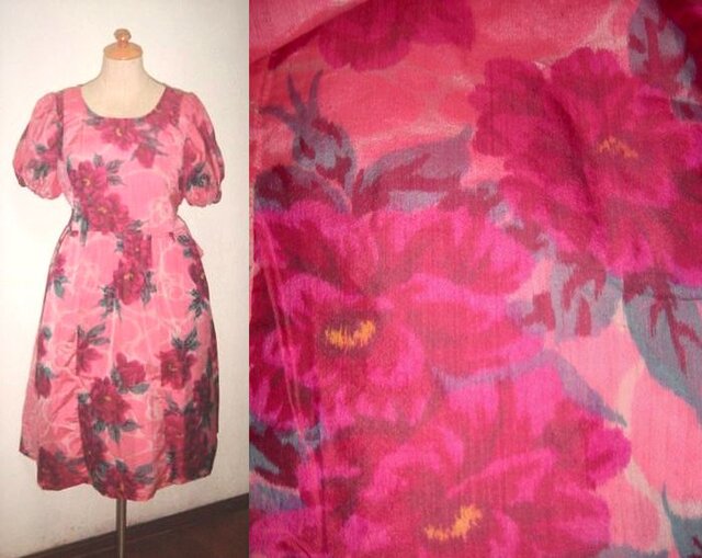 Sold Out着物リメイク♪牡丹が素敵な銘仙ワンピース♪ハンドメイド・花柄・ピンク・シルクの画像1枚目