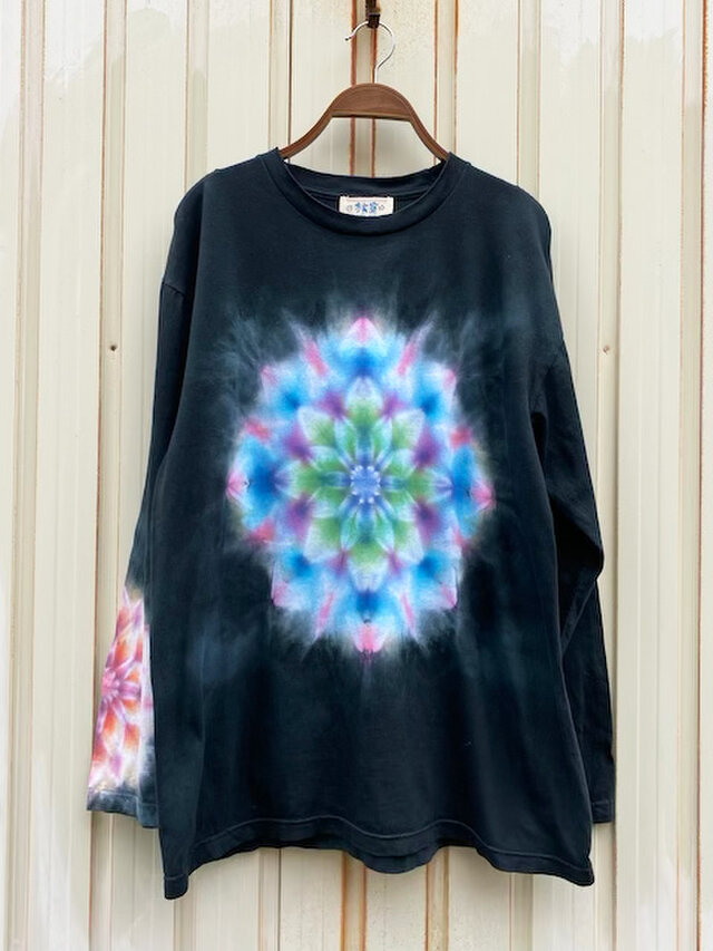 HIPPIES DYE 手染めタイダイ絞り染め　マンダラ 長袖Ｔシャツ♪XLサイズ ブラック HD12-41