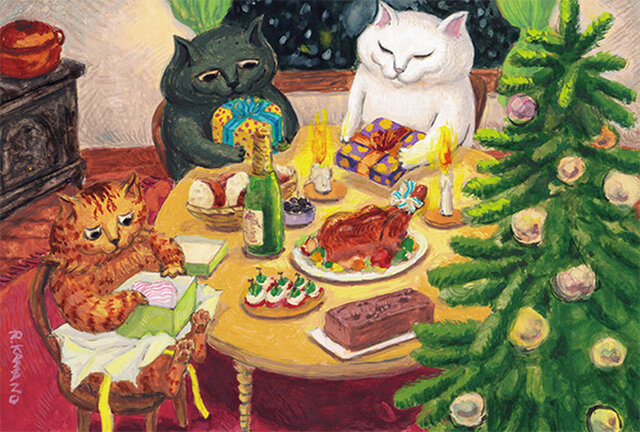 カマノレイコ オリジナル猫ポストカード「クリスマスの夜」2枚セットの画像1枚目