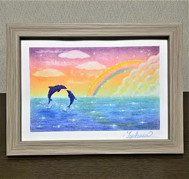 海とイルカのパステルアート 虹色の夕焼け パステル画原画 | iichi