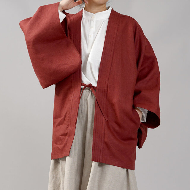 【wafu】中厚リネン羽織 男女兼用 和装 和服 リネン着物 kimono/蘇芳(すおう) h037h-suh2の画像1枚目