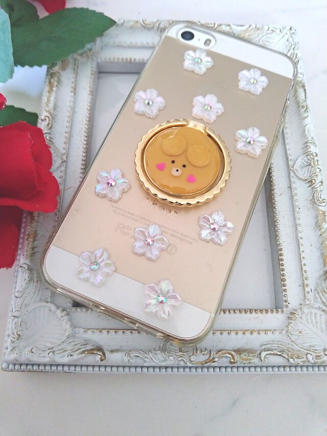 iPhoneケース Android スマホケース スマホリング 付き クマさんとフラワーパールの画像1枚目