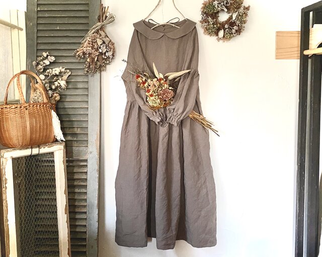 大人の丸襟ワンピース モカベージュ ベルギーリネン100 Iichi ハンドメイド クラフト作品 手仕事品の通販