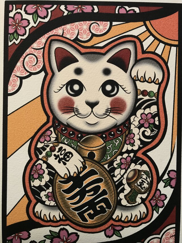 かわいい タトゥー イラスト 刺青 開運 招き猫 桜吹雪 打出の小槌 A4