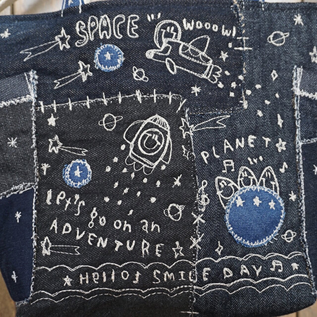 宇宙刺繍デニムミニトートショルダー Iichi ハンドメイド クラフト作品 手仕事品の通販