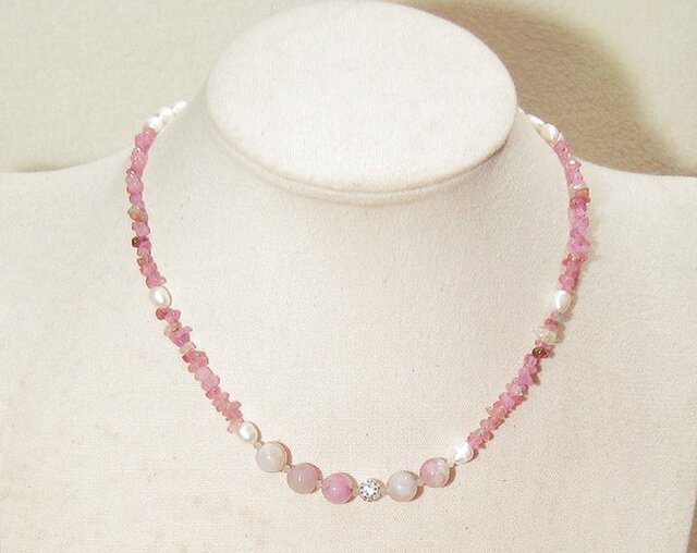 天然石 ピンクゴールドの淡水パール＆水晶のネックレス 本真珠 クリスタルクォーツ ピンクトルマリンと本真珠（淡水）、ラブラドライトのコンバーチブル