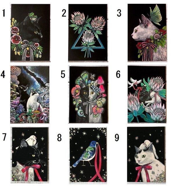 アート　オリジナルポストカード３枚セット　iichi　「満月」「目」「蝶宇宙」☆星月猫　日々の暮らしを心地よくするハンドメイドやアンティークのマーケットプレイス