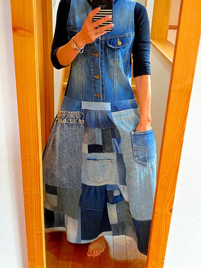 デニムリメイク ワンピース パッチワーク デニムワンピース ロングワンピース デニムドレス Iichi ハンドメイド クラフト作品 手仕事品の通販