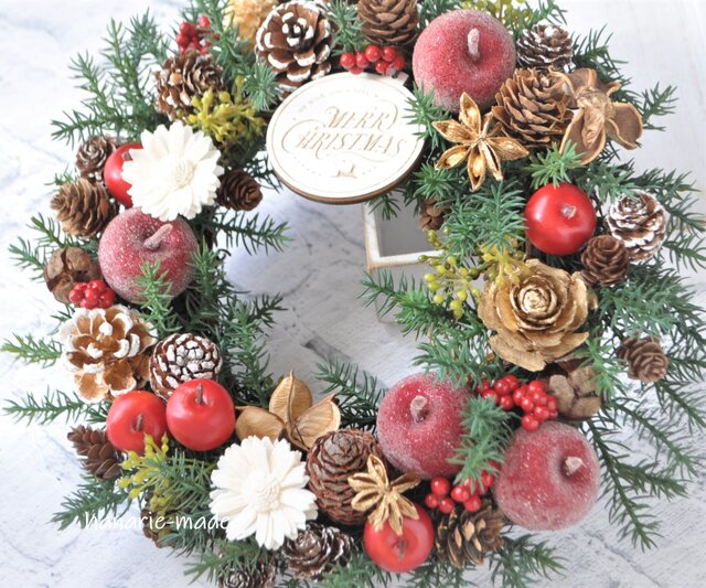 森のリース4 りんごと花のクリスマス：クリスマス プレート 木の実