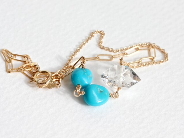 14kgfスリーピングビューティーターコイズブレスレット 14kgf】天然スリーピングビューティーターコイズとダイヤモンド