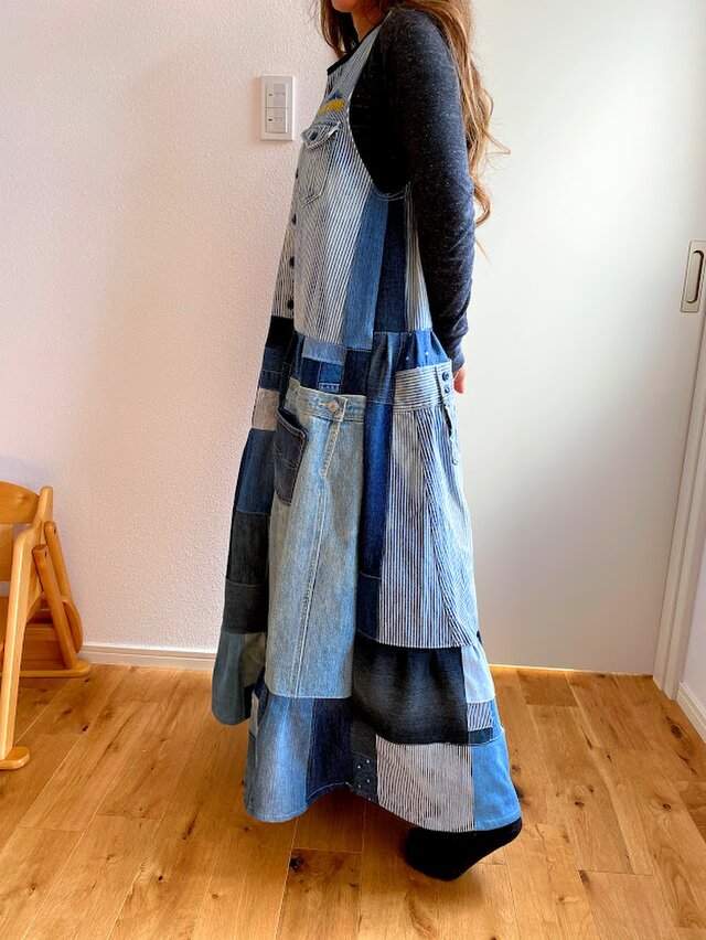 ゆったりめ デニムリメイク ワンピース パッチワーク デニムワンピース ロングワンピース デニムドレス Iichi ハンドメイド クラフト作品 手仕事品の通販