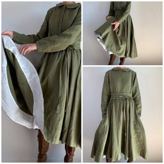 超特価セール 裾裏配色ポイント丸襟ワンピース カーキ色 人気ブランドを