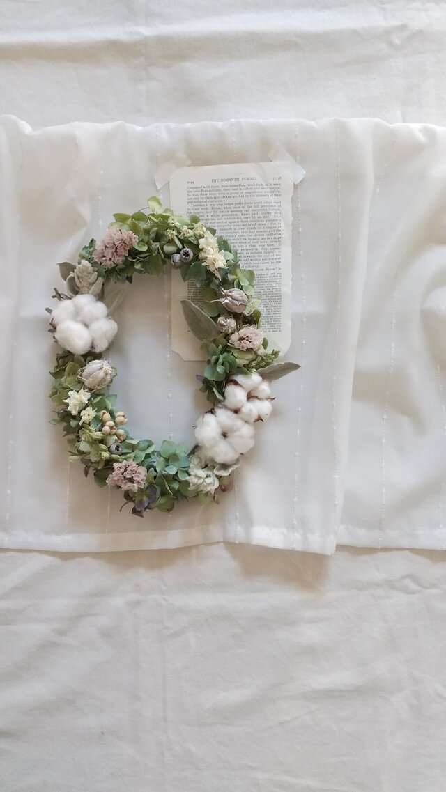 【受注製作】ドライアジサイと綿の実のオーバルwreath(リース プリザーブドフラワー ドライフラワー アンティーク)の画像1枚目