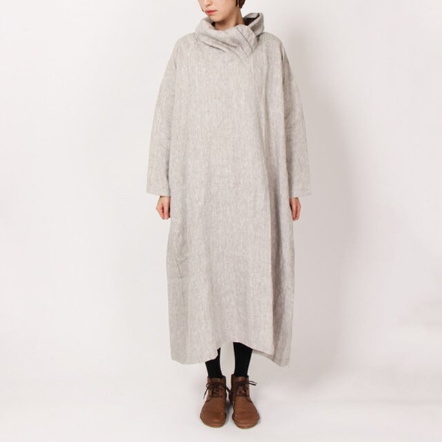 ９番手平織りクロスネックワンピース(グレージュ)