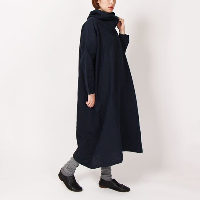 ９番手平織りクロスネックワンピース(ネイビー)