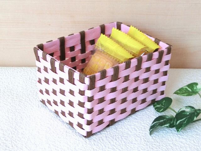 クラフトカゴ 人気の和柄模様 ピンク色×茶色 小物収納の画像1枚目