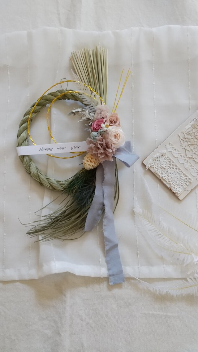 3種のバラのしめ縄wreath(リース プリザーブドフラワー ドライフラワー アンティーク)の画像1枚目