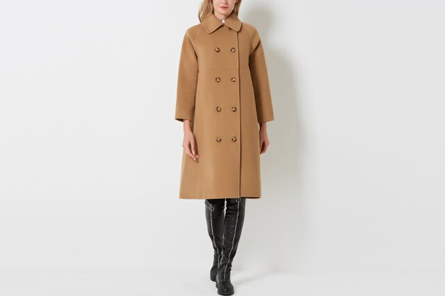 ヨシエイナバ　美品　ダブルフェイスカシミヤ混　ハーフコート カシミヤ混素材 ダブルフェイス レトロ風ダブルボタン ゆったり