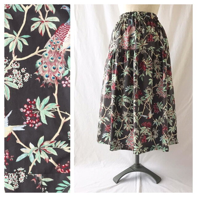 はくだけで美人になれるティアードスカート:80cm丈（クジャクの森：ブラウン）