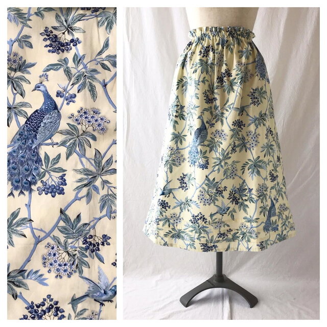 はくだけで美人になれるAラインスカート：80cm丈（クジャクの森：クリーム×ブルー）
