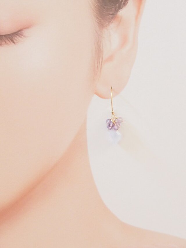 天然ブルーカルセドニーとアメジストのピアス（14kgf）／イヤリング