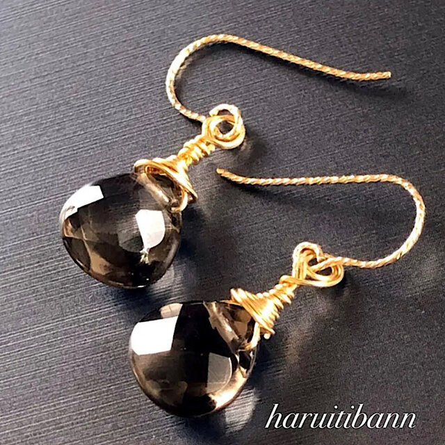 14kgf スモーキークォーツ マロンカットピアス パワーストーンピアス