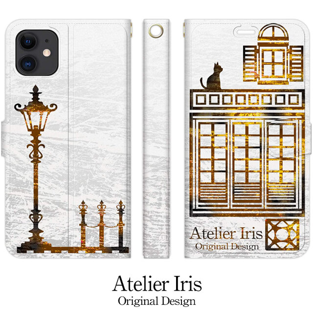 猫と街 黒 シンプルデザイン iPhone 手帳型 スマホケース 携帯ケース 送料無料