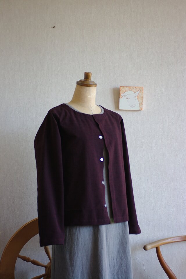 久留米絣の長袖カーディガン　ボルドー色　