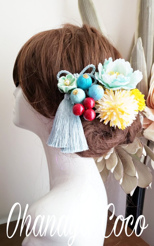 Cute ピオニーと和玉ボールの髪飾り9点set No775