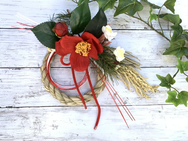 お正月飾り  2021  しめ縄飾り 2021迎春！】赤い椿のお正月飾り◇ ♯お正月飾り ♯しめ縄 ♯しめ縄