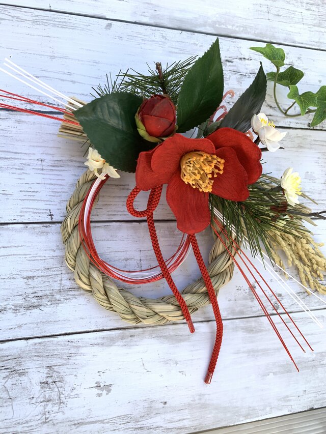 お正月飾り  2021  しめ縄飾り 2021迎春！】赤い椿のお正月飾り◇ ♯お正月飾り ♯しめ縄 ♯しめ縄