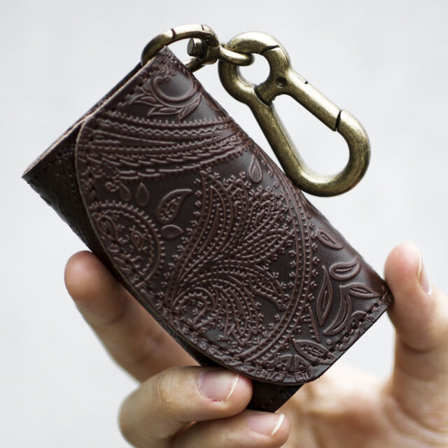 永久保証 オール 栃木レザー ペイズリー型押し カラビナ 付き キーケース ＆ コインケース PAOLO ダークブラウン