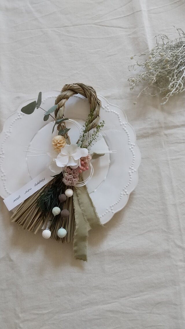 [再販]くすみcolorのしめ縄wreath (プリザーブドフラワードライフラワーグリーン　アンティーク ギフト)