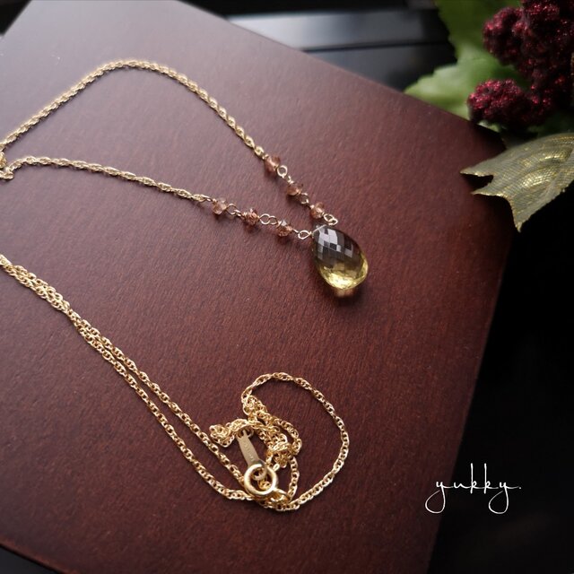 【訳あり】宝石質オリーブカラークォーツAAA✽アンダリュサイト14kgfネックレス