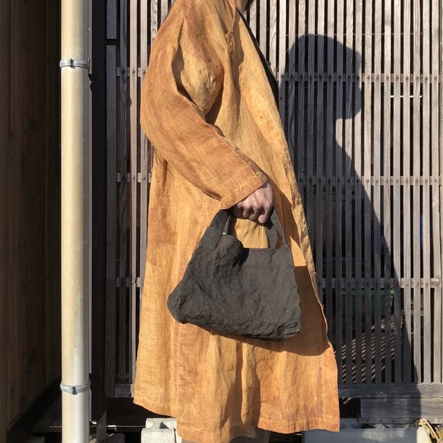 鞄 5　アンティーク　シルク　柿渋染め　古布　バッグ　ショルダー　リネン　ヘンプ 柿渋染めかばん linen帆布 | iichi 日々の暮らしを心地よくする