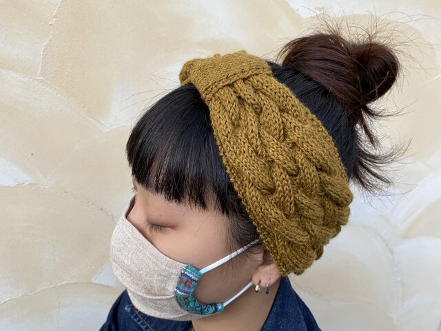 ケーブル編みウールニットヘアバンド/ターバン/ col. コーラル | iichi