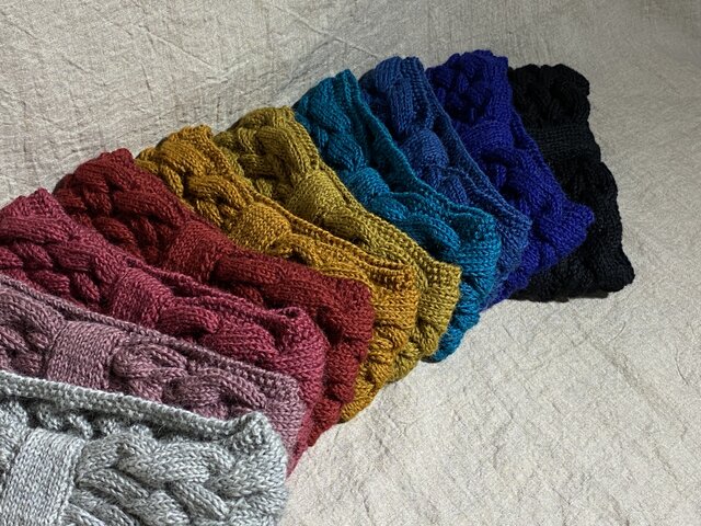 ケーブル編みウールニットヘアバンド/ターバン/ col. ルビー | iichi