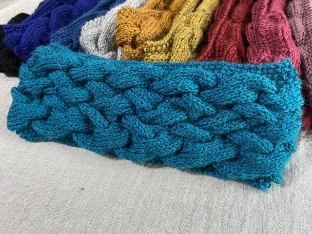 ケーブル編みウールニットヘアバンド/ターバン/ col. ピーコックブルー