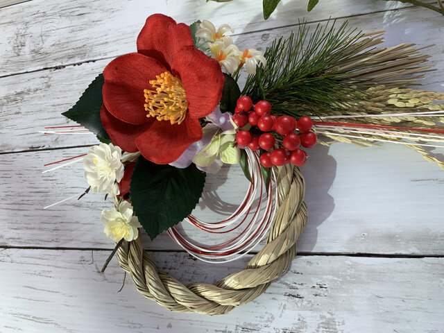 お正月飾り  2021  しめ縄飾り 2021迎春！】椿のお正月飾りM◇ ♯お正月飾り ♯しめ縄 ♯しめ縄飾り