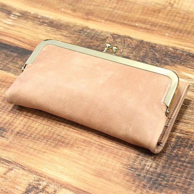 がま口 長財布 上質で柔らかいヌメ革 コイン仕切り 牛革 本革 ピンクベージュ Haw014 Iichi ハンドメイド クラフト作品 手仕事品の通販