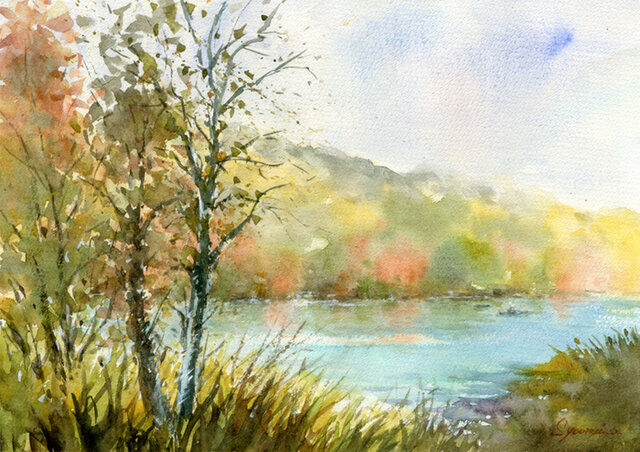 紅の湖畔　ハンドメイドパステル画　絵画アート原画 注文制作します 水彩画原画 紅葉の湖畔 ＃440 | iichi 日々の