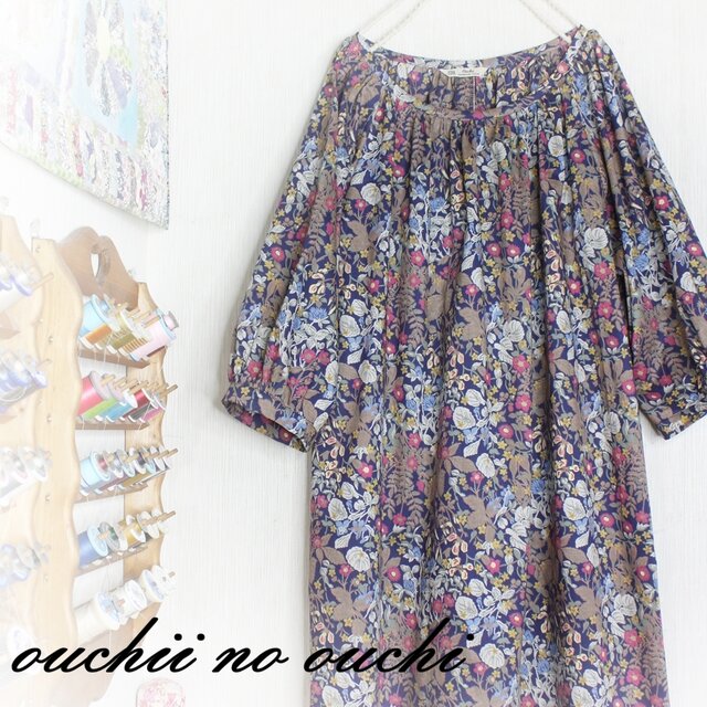 リバティLIBERTY ♪ネックボタンラグランギャザーワンピース♡ベルト付きの画像1枚目