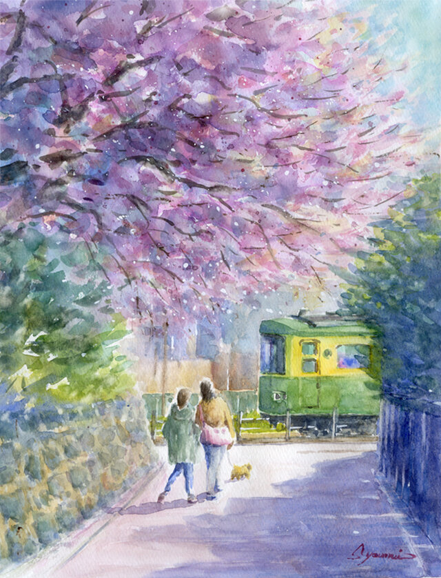 水彩画原画 満開の桜と江ノ電 444 Iichi ハンドメイド クラフト作品 手仕事品の通販