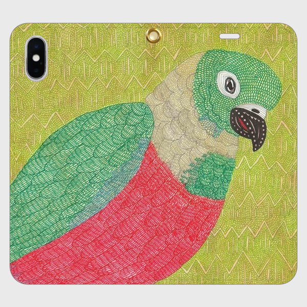 帯なし手帳型iPhoneケース/スマホケース/緑と赤のインコ/アカハラ 